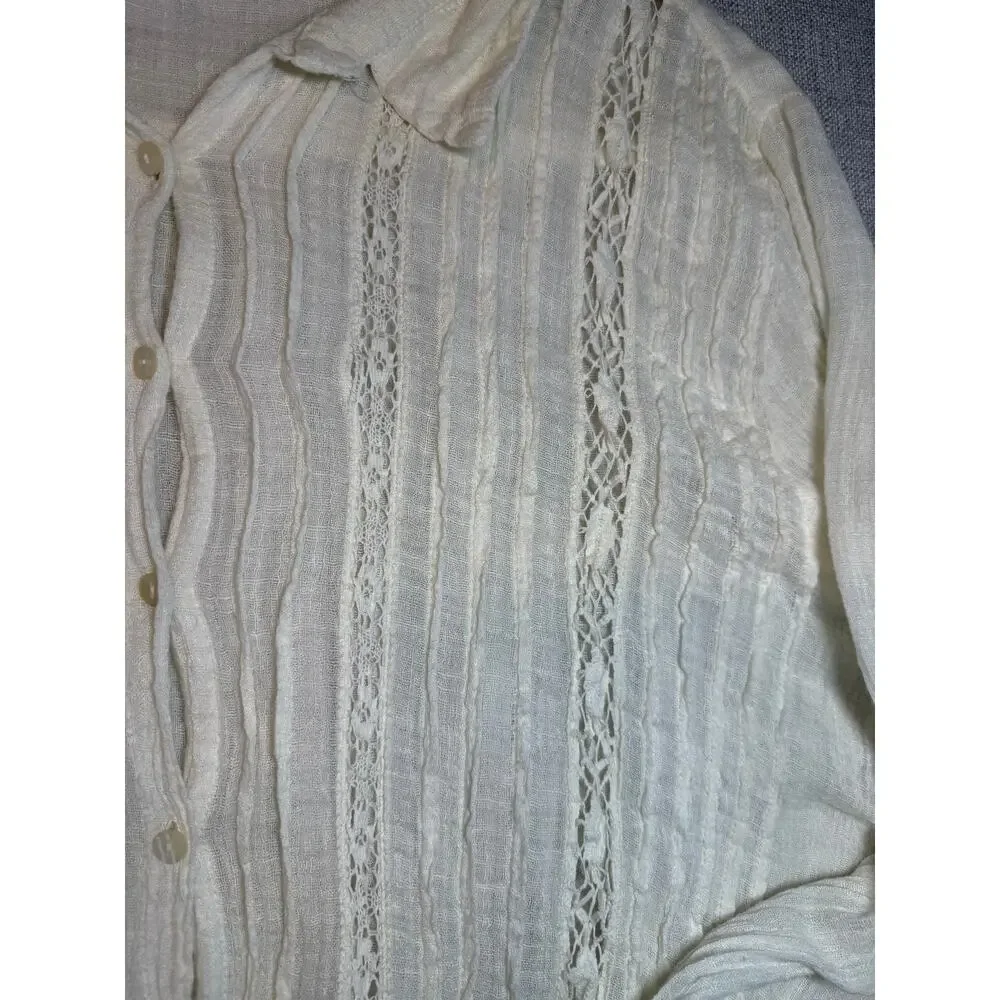 Free People XL Ivory Gauze Blouse Crochet Lace Pintuck Boho Button Up